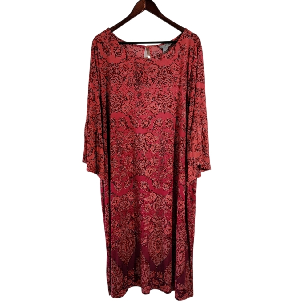 CATHERINES Red Floral Jersey Knit Midi Dress 3X Bell Sleeve Fall Boho Cottagecor